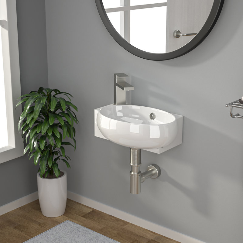 Lavabo de salle de bain mural 16 po x 11 po, petit lavabo mural ovale en céramique avec trop-plein, compatible avec robinet à un trou, blanc