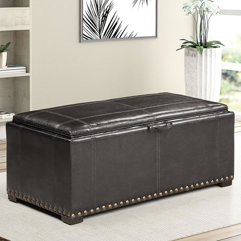 Black Leather Storage Bench With 2 Side Ottomans, Can Convert To Table, Suitable For Living Room, Nail Heads Appearance, 16" H X 39.68" W 40" D Bench, 13" 13.5" Ottomans Convertible Design,