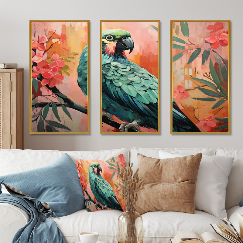 «Blue and Pink Parrot Paradise III», art mural perroquet, Cadre flottant doré, H 40 po x l 61 po