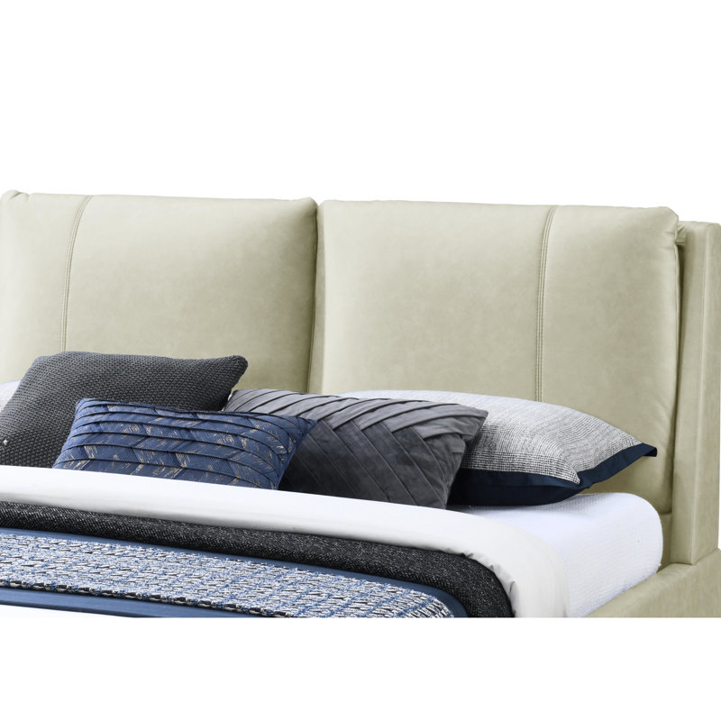 Très grand lit brun clair avec une structure entièrement rembourrée et une base plateforme 100% tissu élégante