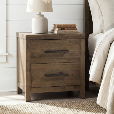 Brown Nightstand For Bedroom With 2 Drawers And Built-In Outlets, No Assembly Required Rustic Transitional Bedside Cabinet Finish, Charging, Antique Bar Pulls