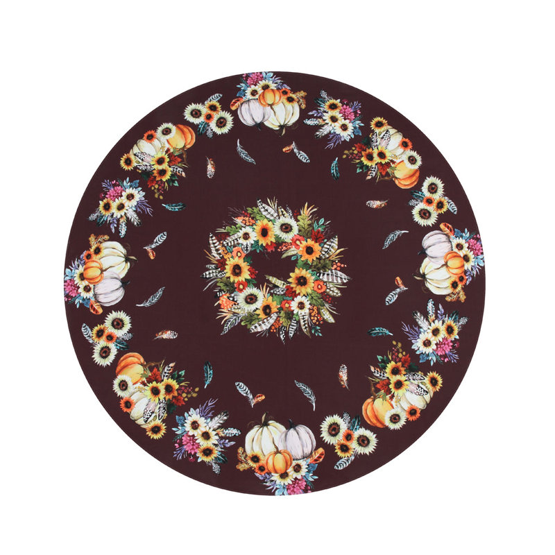 Burgundy Round Fabric Tablecloth with Fall Floral Design