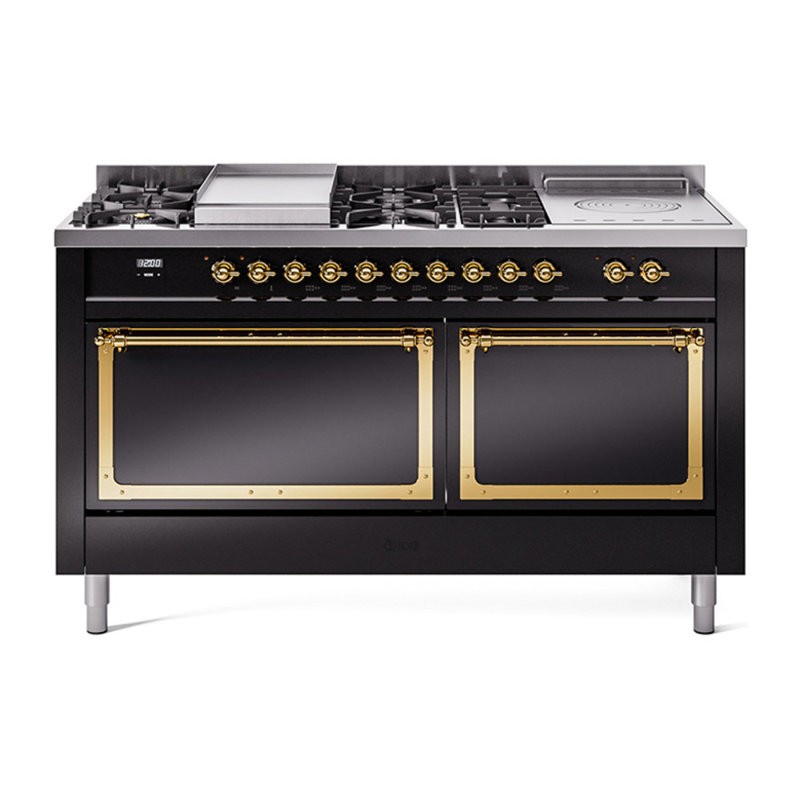 ILVE Nostalgie II Noblesse 60 in Dual Fuel Range 7 Burner, Griddle, Frenchtop, Glossy Black/Brass, Natural Gas