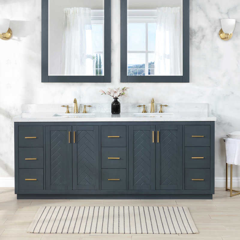 Meuble-lavabo double en bois massif et manufacturé l 84 po avec plateau en pierre artificielle Gazsi, Bleu gris anthracite