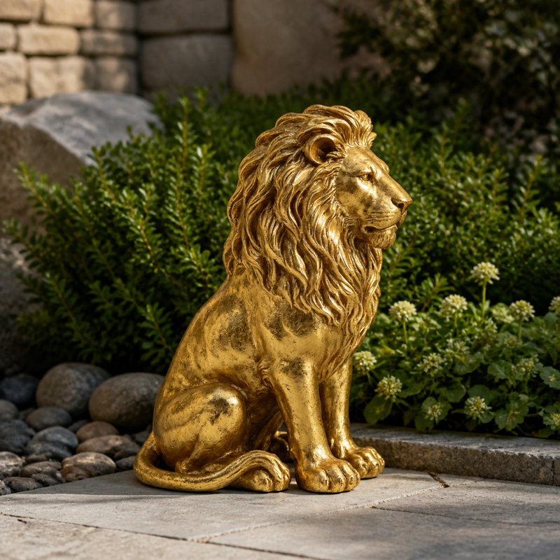 Gold Finish Seated Lion Garden Statue
