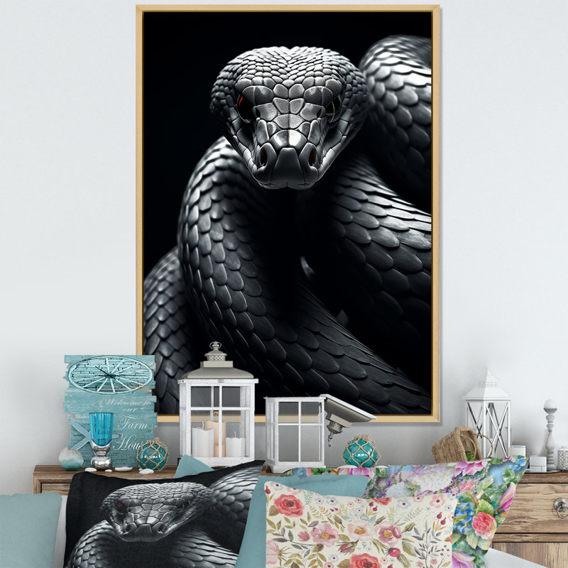 Hozaifa " Black Snake Slithering Grace ", 32" H x 16" W x 1" D, Natural Floater Framed