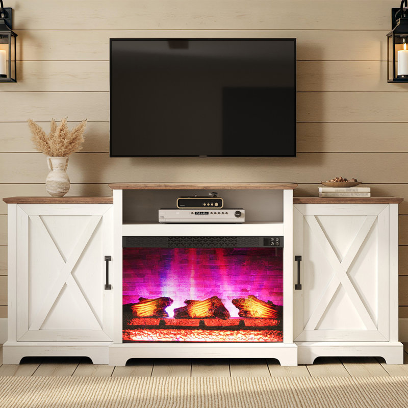 Meuble télé 97 po avec grand espace de rangement, blanc / bois de grange, H 32,1 po x L 97 po x l 15,75 po