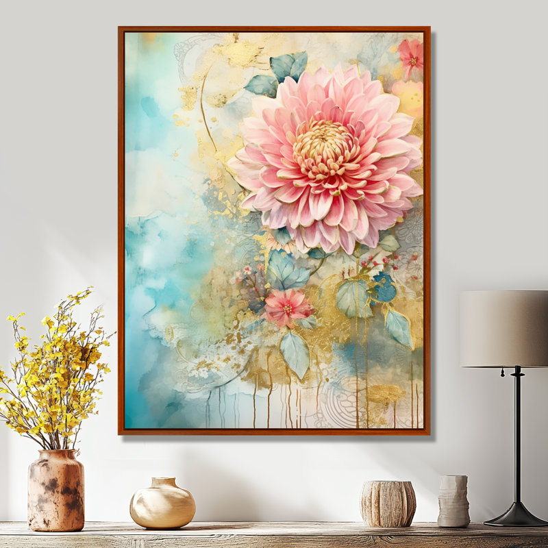 Dahlia rose, rétro, bleu, illustration - impression d'art mural Dahlia, Toile avec cadre flottant brun