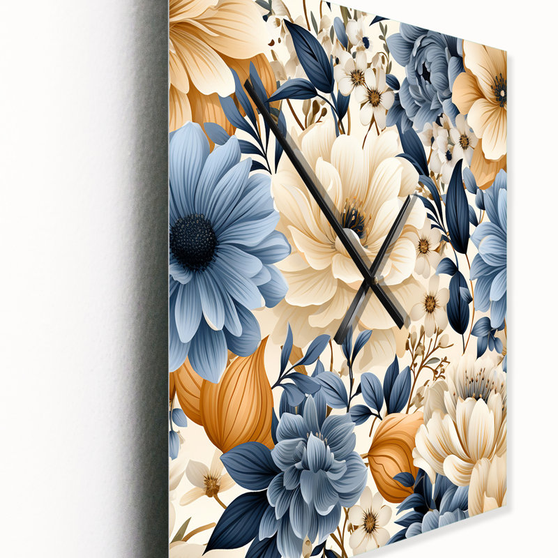 Blue Boho Floral Harmony Dreams - Horloge murale florale en métal, Moyen