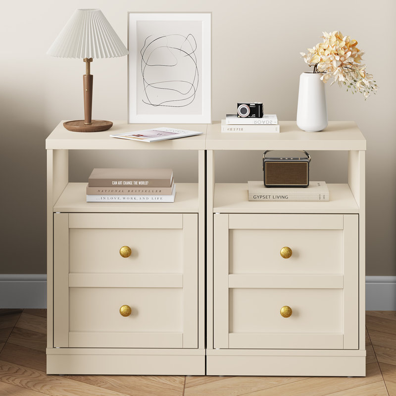 Modern Nightstand With Door & Open Shelf，Set of 2, Beige