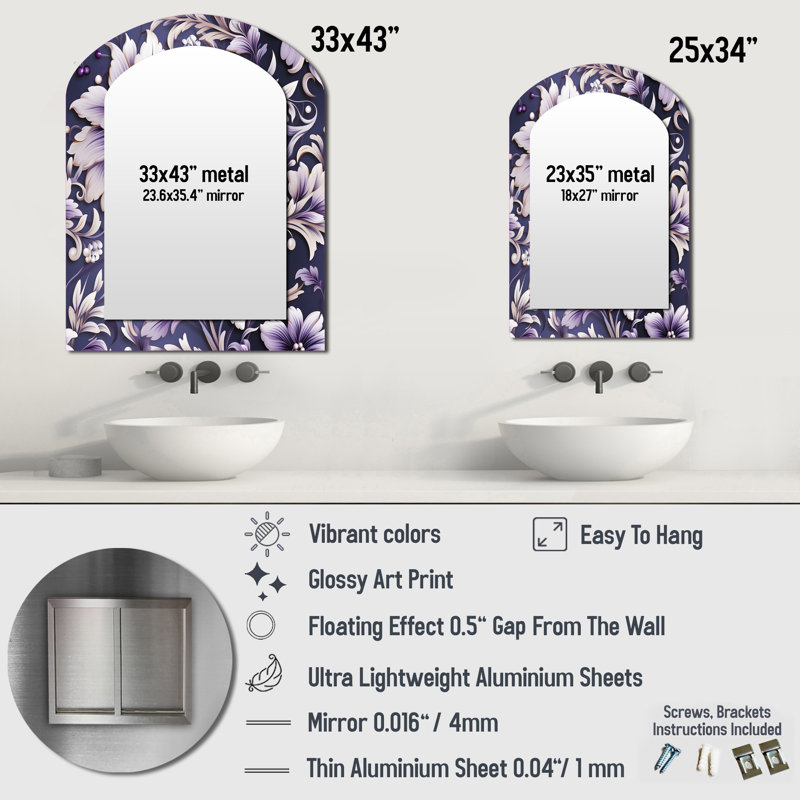 «Purple Love Knot Damask Captur», grand miroir en arc damassé, décoration murale asymétrique Boho, impression sur métal