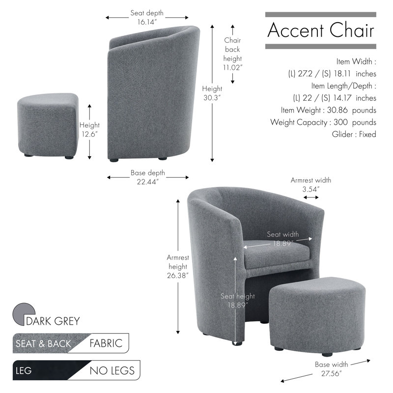 Alleria Fabric Accent Chair with Ottoman, Dark Grey