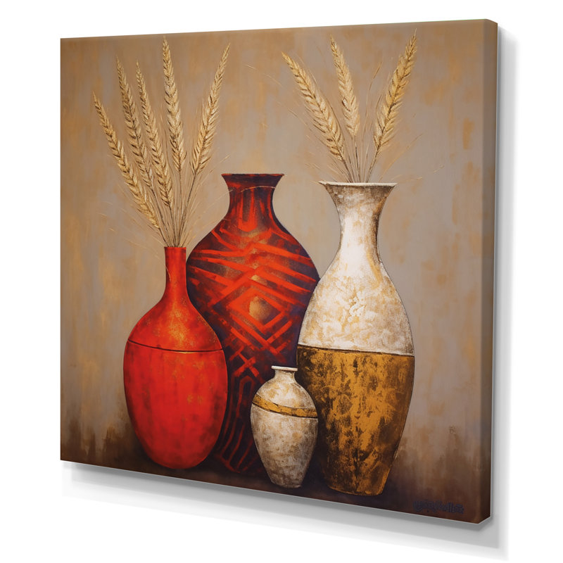 Nature morte, vase en or rouge avec fleurs de blé sur toile, 36" H x 36" W, Toile tendue
