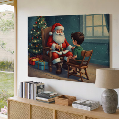 Canvas A Cozy Nostalgic Christmas Scene Featuring A Jolly Santa Claus Wall Art In A Vibrant Red Suit With White Fur Trim Seated Canvas Wall Art