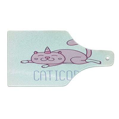 Ambesonne Unicorn Cat Tempered Glass Cutting Board Pink Funny Mascot Pink Lilac White