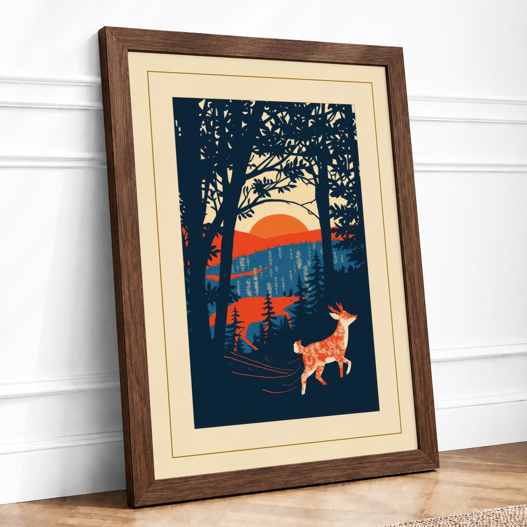Deer at Woodland Sunset Rustic - Framed Print