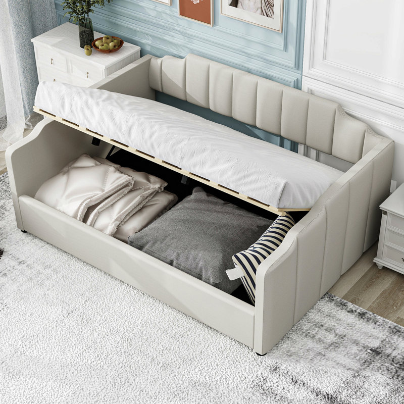 Lit de jour rembourré avec rangement inférieur, Beige
