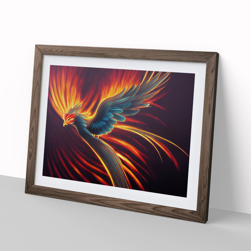 Explosive Phoenix Bird - Single Picture Frame Print, 25cm H x 34cm W x 2cm D, Walnut