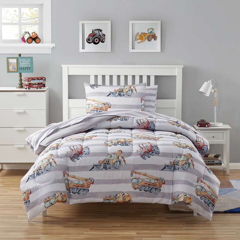 Construction Trucks Gray/Blue/Orange Comforter Set with Sheet set, Twin Comforter + 1 Standard Sham