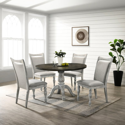 Table de salle à manger blanche / grise patinée - 5 avec table ronde et 4 chaises rembourrées en blanc et gris