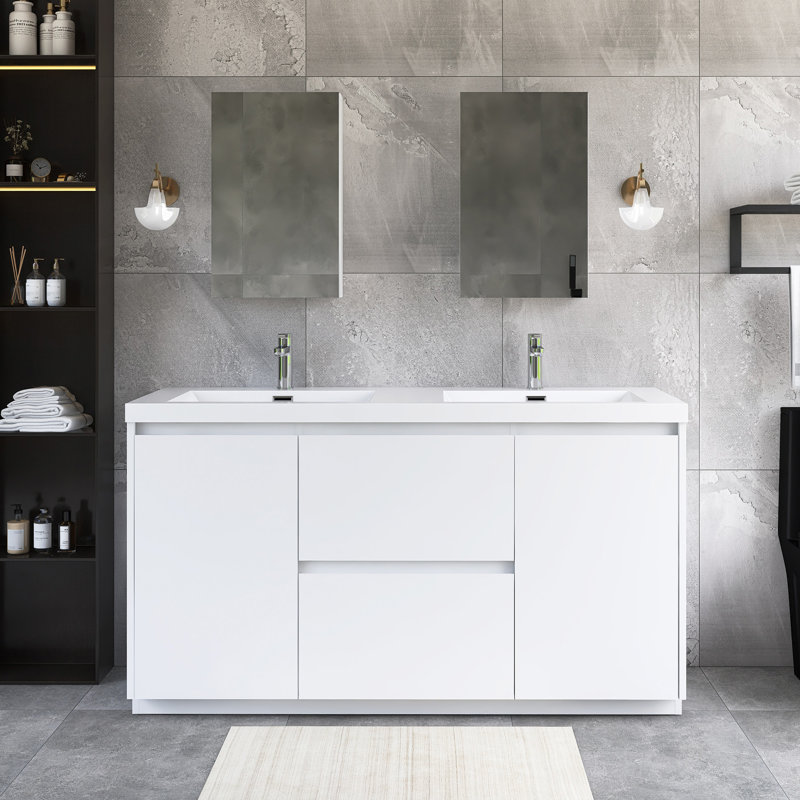 Meuble-lavabo autoportant à double cuve 59,06 po avec plateau en résine intégré, Blanc
