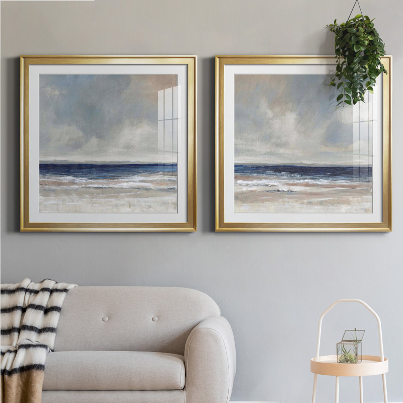 «Distant Land I», ensemble de 2 reproductions d'art encadrées, Papier encadré doré, H 26,5 po x l 53 po x P 1,5 po, Blanc
