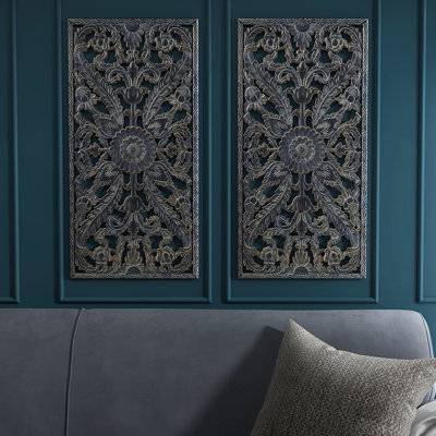 Panneaux muraux vieillis - 2 fleurs de lotus bleu antique pour la décoration intérieure, 2 pièces et suspension grise