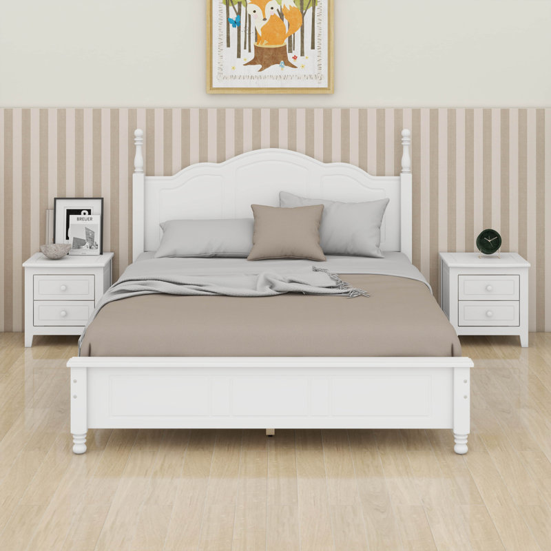 Ensemble de chambre à coucher moderne 3 pièces avec lit plateforme et 2 tables de chevet avec tiroirs, Lit double, Blanc