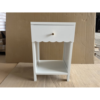 Modern White Nightstand With Drawer And Open Shelf,Scalloped Edge Bedside Table For Bedroom, Cute Minimalist Side Table For Kids Room
