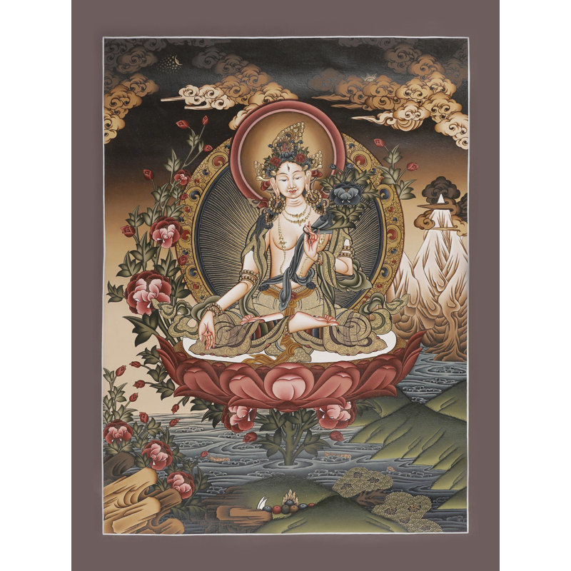 Déesse blanche Tara Thangka, art mural bouddhiste tibétain peint à la main, sans brocart, or 24 carats et acrylique, 24 po x 17,7 po