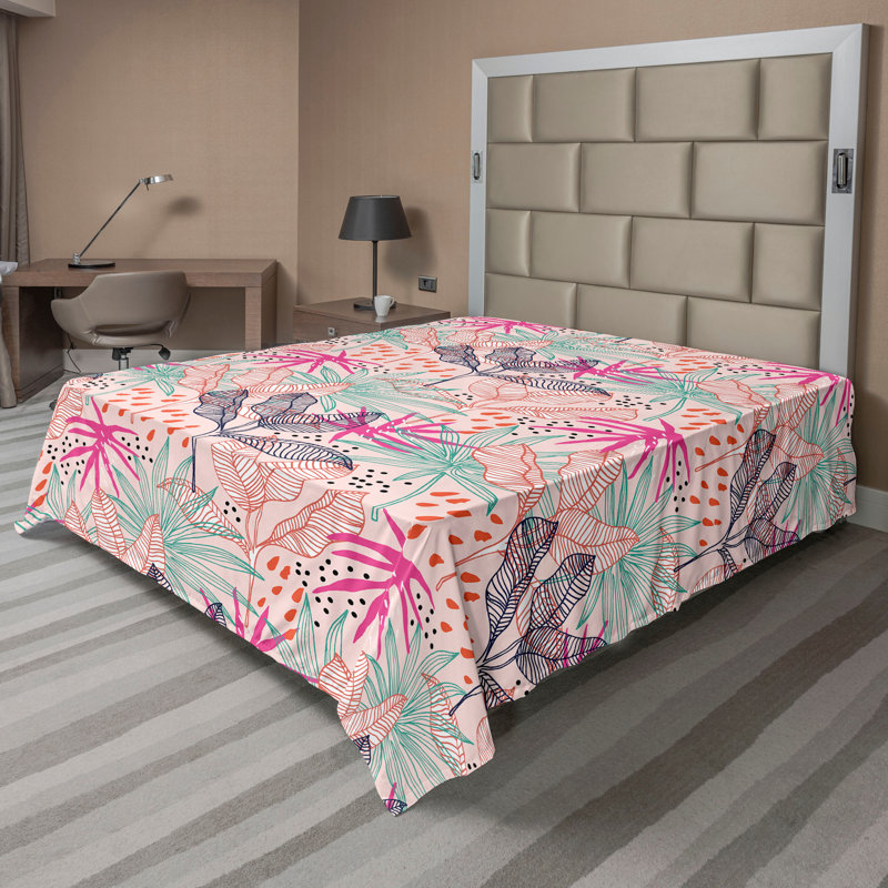 Drap plat à motif floral bohème Ambesonne, Drap plat de taille double, Pêche, bleu-vert et rose / motif abstrait