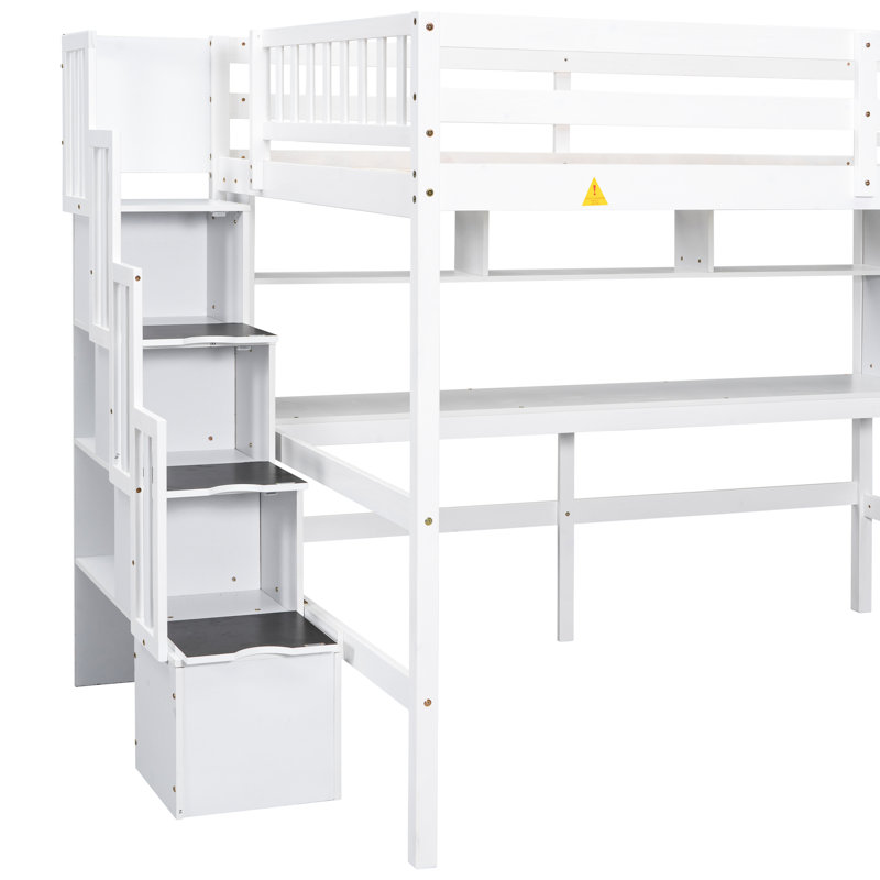 Lit mezzanine avec bureau intégré et rangement en blanc - Maximisez l'efficacité de votre bureau, de votre bibliothèque et de votre escalier