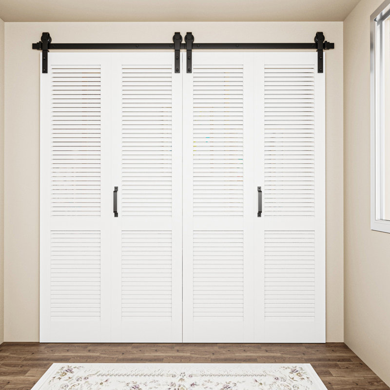 84'' Solid Manufactured Wood Louvered - primed with Installation Hardware Kit Bi Fold Barn Door, 80” x 84"