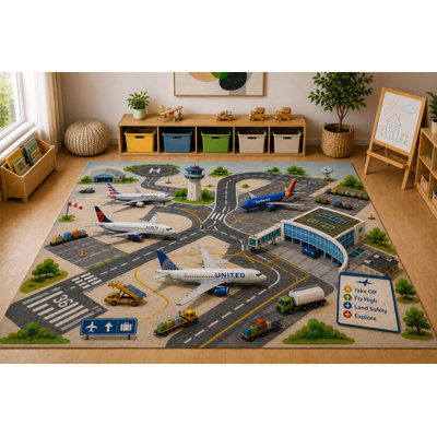 Tapis d'intérieur « ultra-fin » 152 x 213 cm (5 pi x 7 pi) à motif aéroport, avion et route, doux et à poils courts, avec envers antidérapant en silicone, idéal pour la chambre d'enfant ou la salle de jeux, gris.