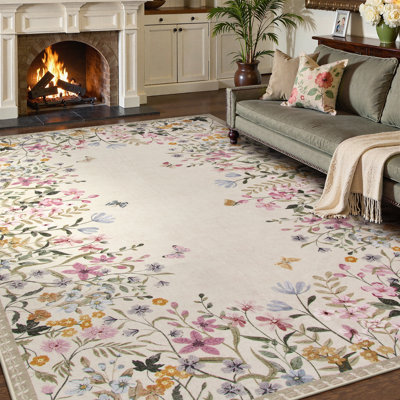 Vintage Floral Washable Area Rug with Non-Slip Backing, Low-Pile Beige Rug for Living Room, Bedroom & Dining Room