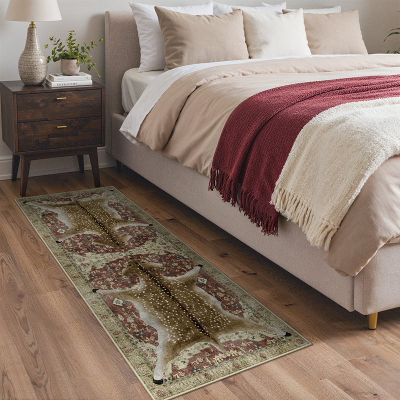 Veatrice Deerwood Rustic Animal Print Machine Washable Red / Brown Indoor Area Rug with Non-Slip Backing, Runner 2' x 6'