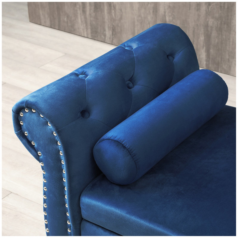 Aijia 63" Velvet Multifunctional Storage Bench Rectangular Sofa Stool Buttons Tufted Nailhead Trimmed Ottoman Solid Wood Legs with 1 Pillow