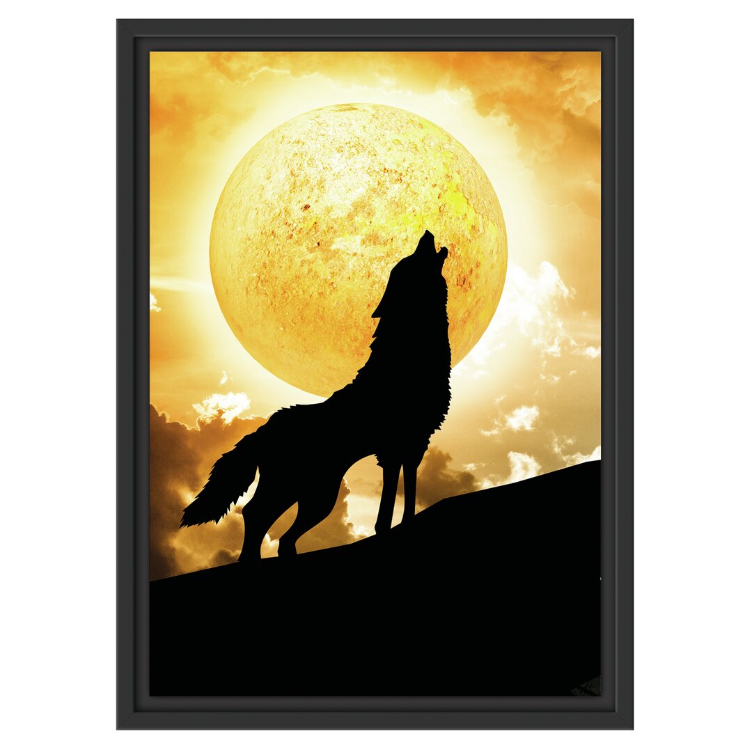 Gerahmtes Wandbild Wolf heult Mond an