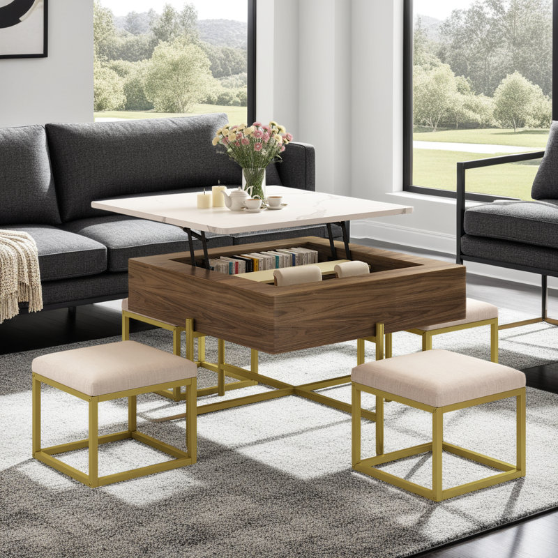 Walnut Lift-Top Coffee Table Set with Storage & 4 Ottomans
