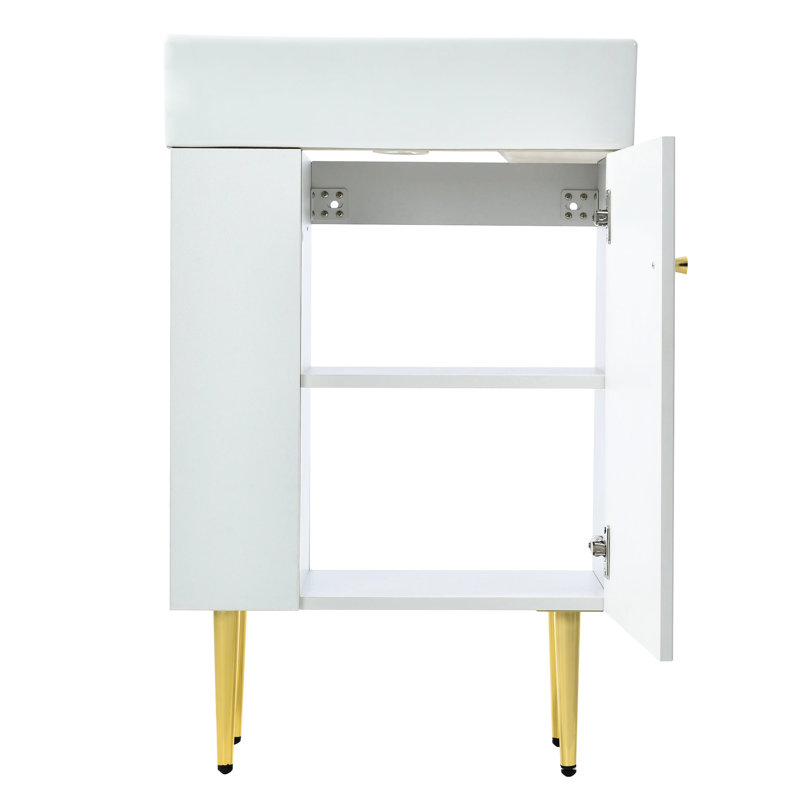 Meuble-lavabo blanc de 21,6 po avec rangement spacieux et porte à fermeture douce, meuble-lavabo à installation simple, blanc, quincaillerie dorée, rangement riche, porte