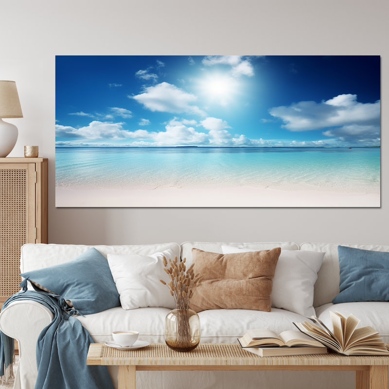 Sable et bleu mer des Caraïbes II - art mural de plage côtière pour le salon, 28" H x 60" W, Toile tendue
