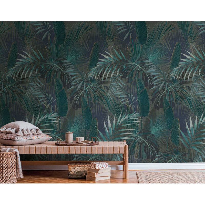 Papier peint floral Rousey, Vert et bleu