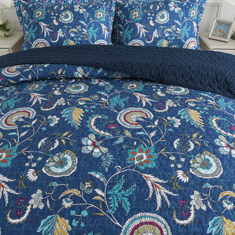 HoneiLife folding screen Navy Blended Quilting lightweight summer bedspreads 3-Piece Queen Size Bedding sets, Queen