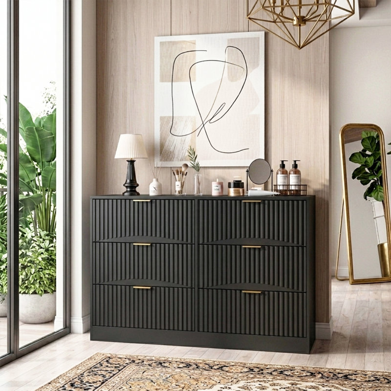 Commode 6 tiroirs cannelée, grande commode noire, Noir