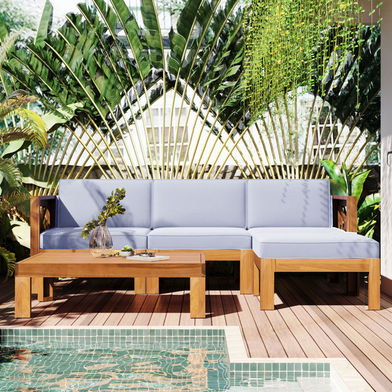 Outdoor Backyard Patio Wood 5-Piece Sectional Sofa Seating Group Set With Cushions