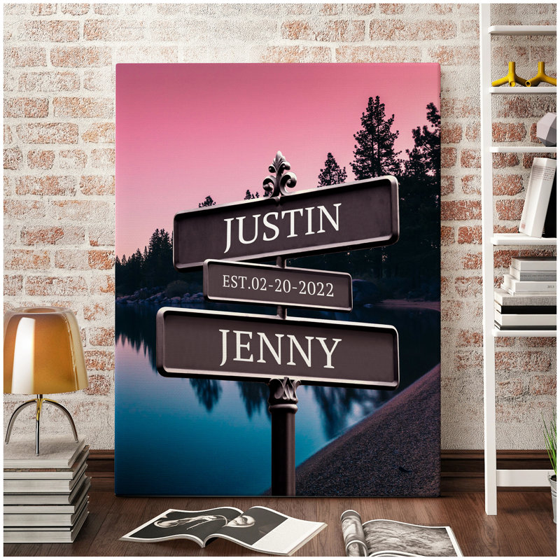 Art mural sur toile de panneau de rue personnalisé avec noms et date personnalisés - scène romantique au coucher du soleil sur le lac, décoration murale encadrée pour les couples, les mariages et les anniversaires