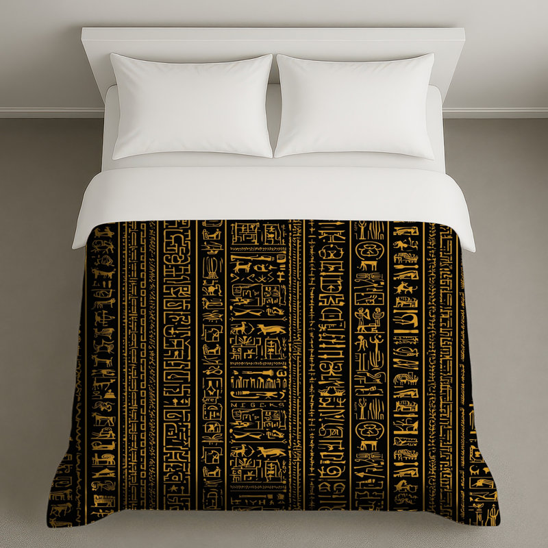 Housses de couette dorées en forme de hiéroglyphes égyptiens, Très grand lit