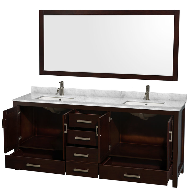 Sheffield 80" Freestanding Double Bathroom Vanity with Marble Top with 70" Mirror, Espresso, Brushed Chrome