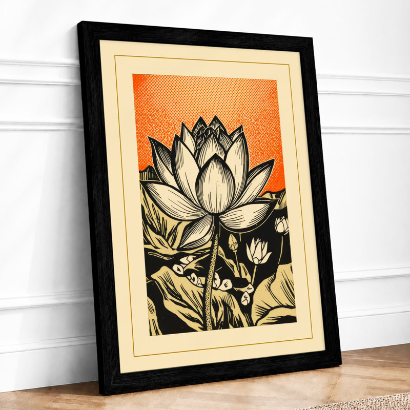Lotus in Bloom Botanical - Framed Print, A4 - 29.7 x 21.0 cm, Black