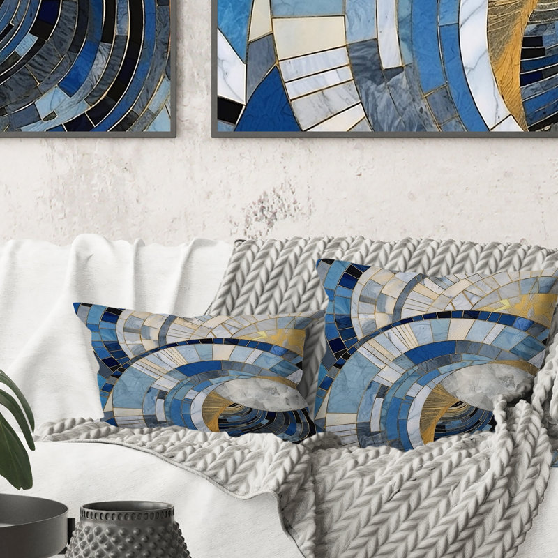 Gold Constructing Blue Realms I - Abstract Shapes Printed Throw Pillow